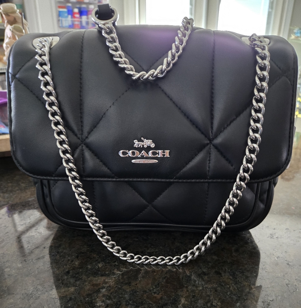 Coach Black Quilted Shoulder Bag with Silver Chain NWOT